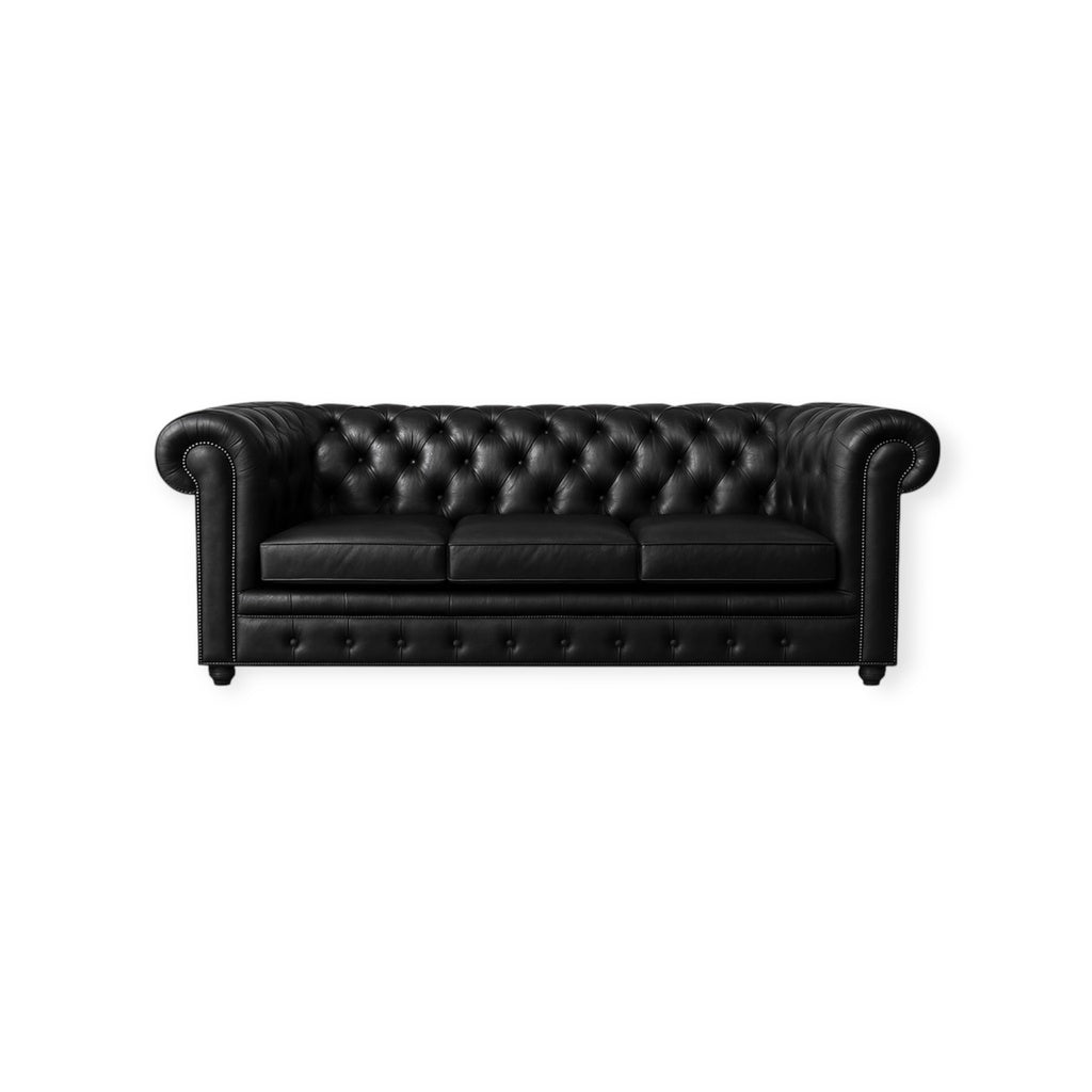 Canapé Chesterfield noir en similicuir de luxe, 240 cm