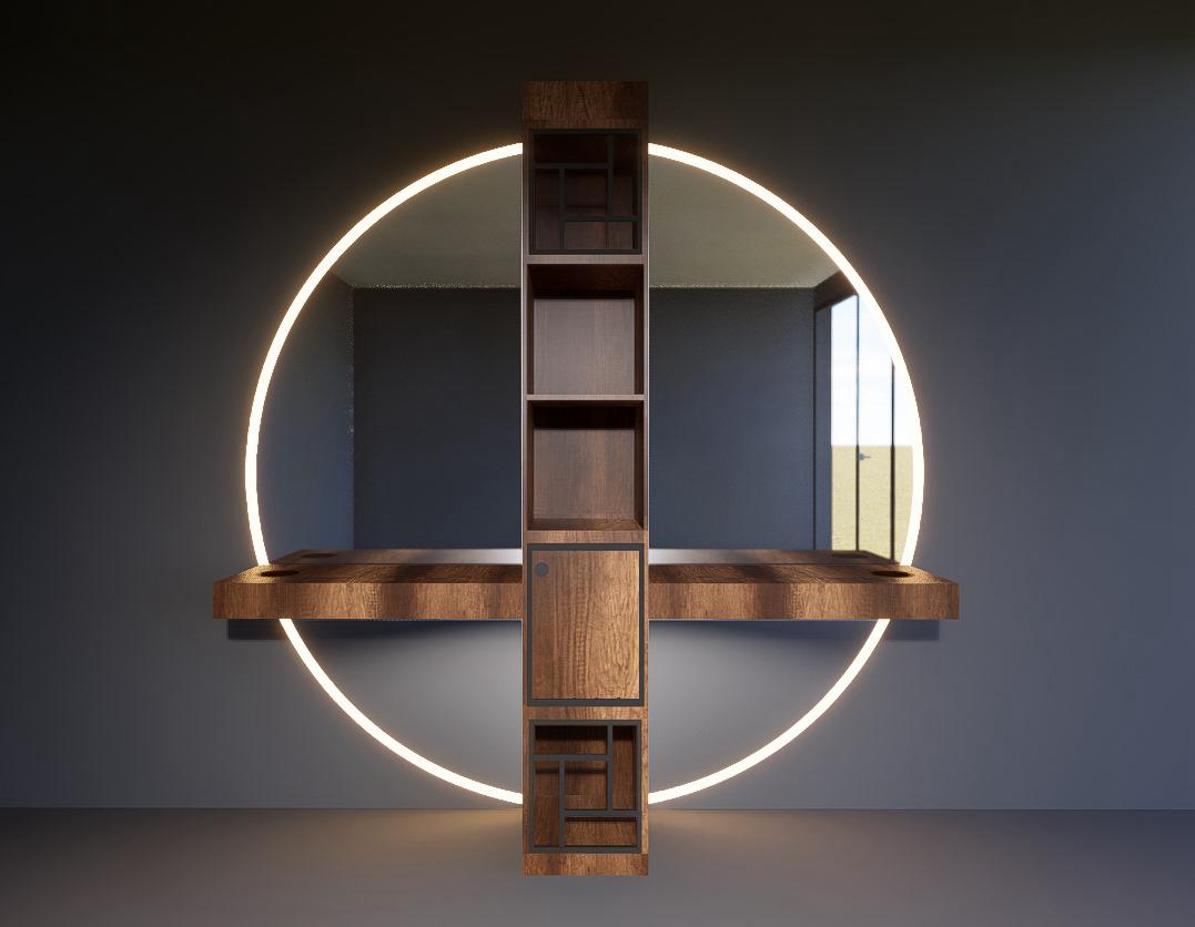 Tocador con espejo redondo - acabado madera, borde iluminado y mueble central