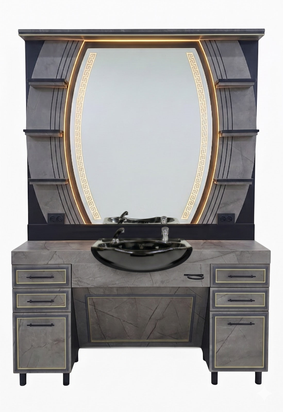 Styling station with washbasin - oval mirror and grey cabinet