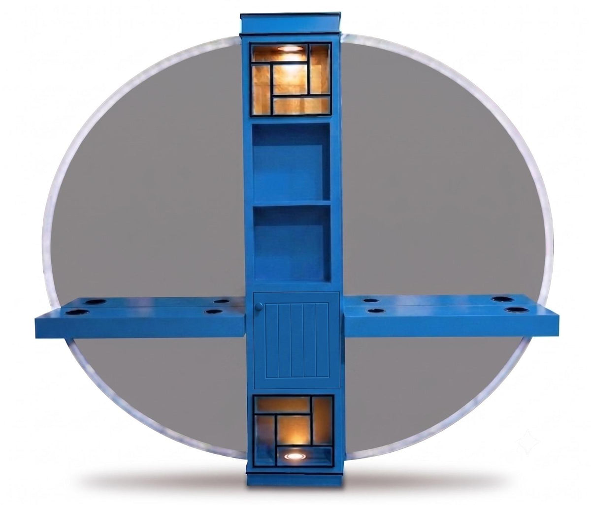 Tocador con espejo redondo - mueble central azul con iluminación
