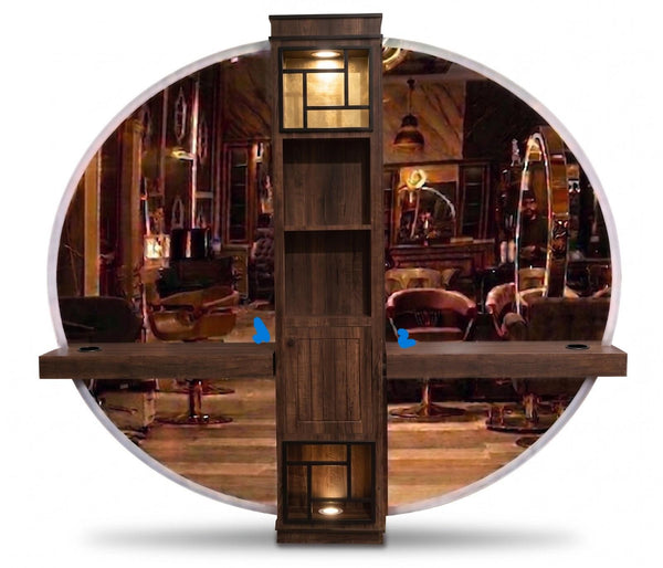 Tocador con espejo redondo - mueble central marrón con iluminación, versión 1