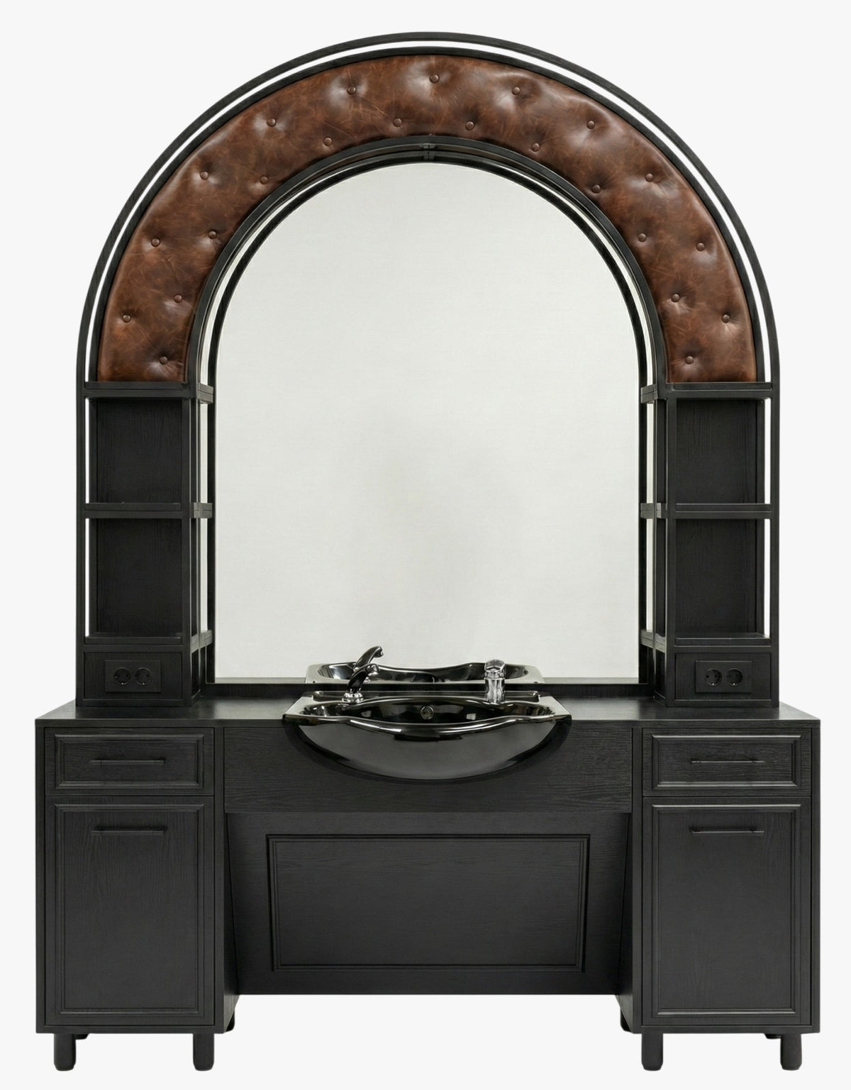 Poste de coiffage avec vasque - miroir cintré et détails bruns